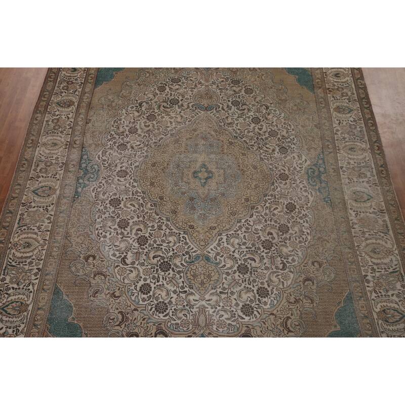 Distressed Geometric Tabriz Persian Antique Rug Handmade Wool Carpet - 9'8" x 13'5"