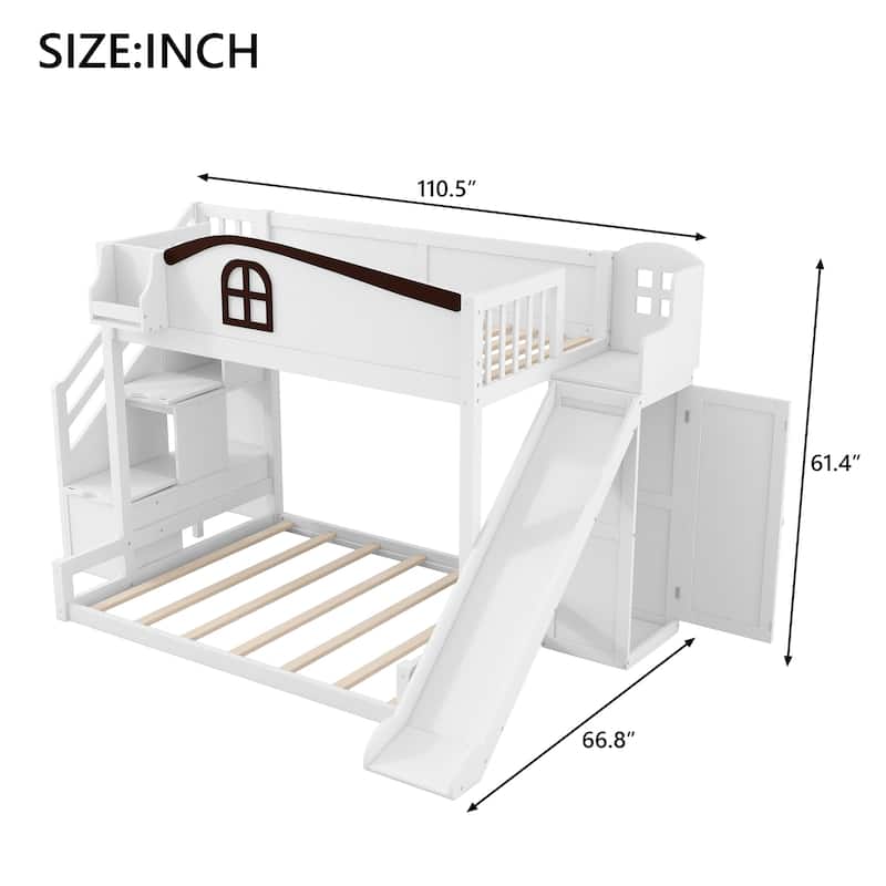 Playhouse-Inspired Twin over Full Bunk Bed with Slide, Storage Staircase & Wardrobe by Harper&Bright Designs