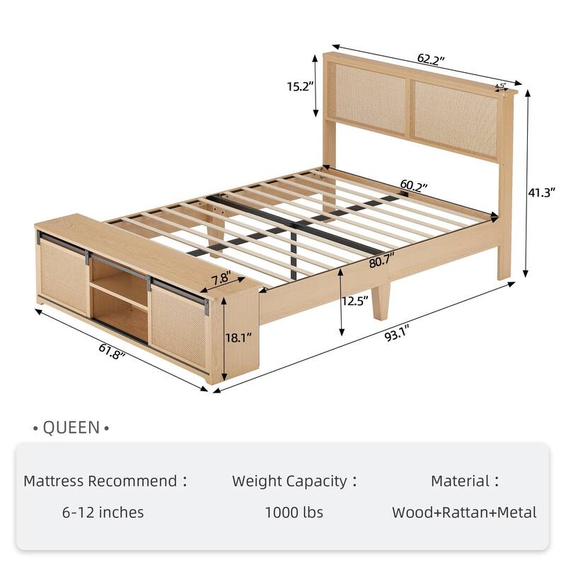 Natural Rattan Bed Frame, with Sliding Barn Door Storage Cabinets