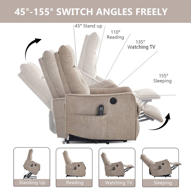 Single Motor Power Lift Recliner with USB Port and 155 Degree Recline