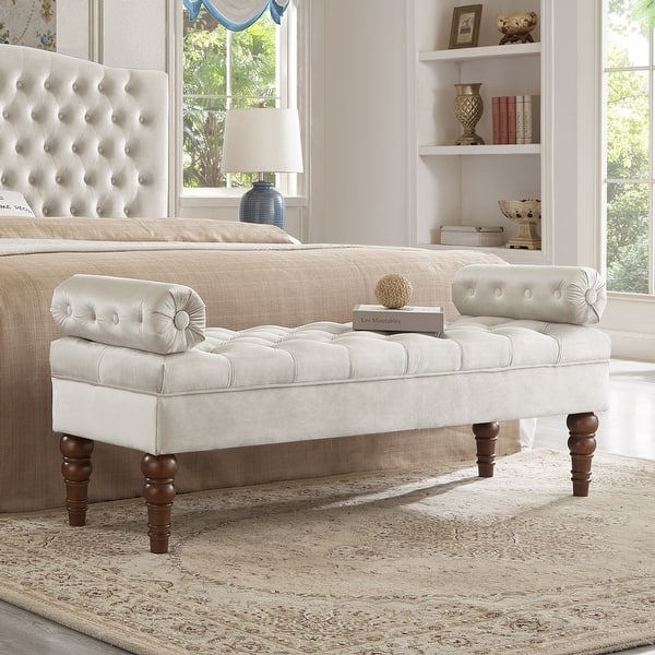 slide 2 of 25, Velvet Long Bed Bench for Bedroom,Upholstered Window Bench with Tufted Button,Entryway Bench,Bolster Bench for Living Room Champagne