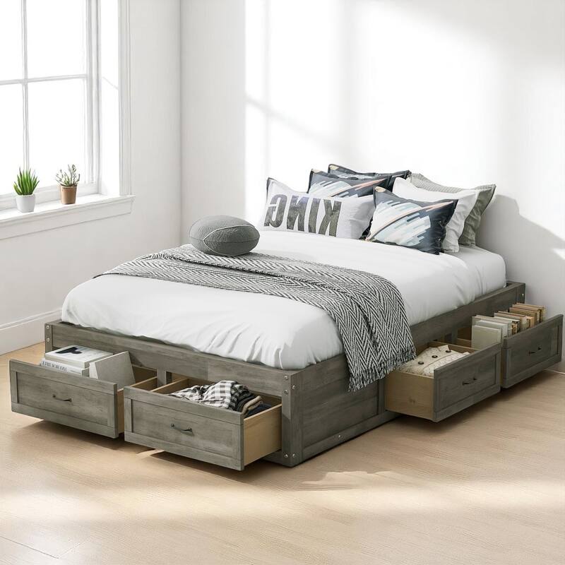 Full/Queen Platform Bed with 6 Storage Drawers, Modern Wood Frame with Slats, No Box Spring Needed