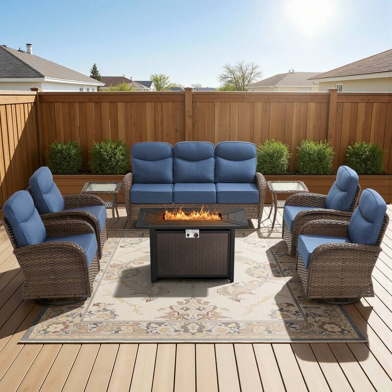 Luna 8-Piece Wicker Outdoor Patio Fire Pit Sofa Set with 6-Inch Thick Cushions - Navy Blue Cushions - Brown Wicker