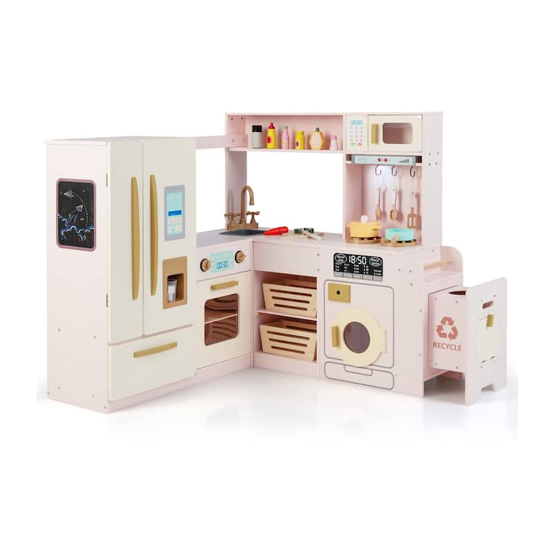 MDF Kids Corner Play Kitchen with Lights, Sounds and Accessories - 40" × 39.5" × 37" - Pink
