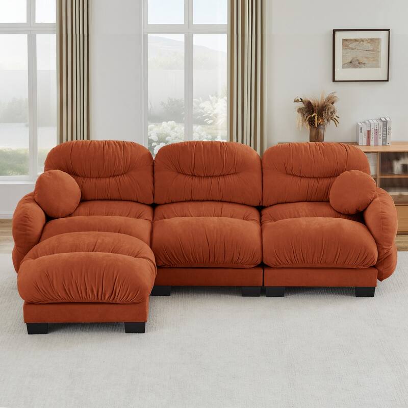 116" Chenille Pleated Design Sectional Sofa with Ottoman and 2 Round Pillows
