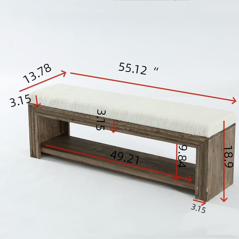 55.12" Wooden Upholstered Bed Bench with Storage, Rustic Wood End Of Bed Bench with Teddy Fleece Cushion for Bedroom
