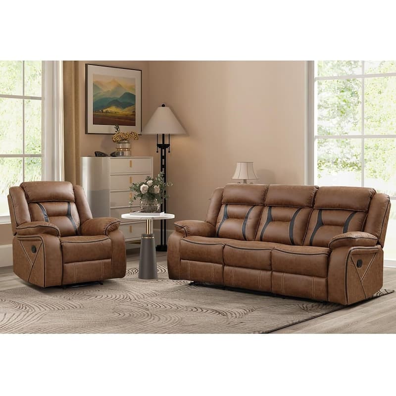 Manual Recliner Sofa Set, Faux Leather Reclining Living Room Furniture Set - Brown - 1+3 set