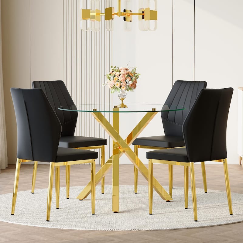 5 Piece Dining Table Set with 39 Inch Round Glass Top X Shaped Metal Base and 4 PU Chairs