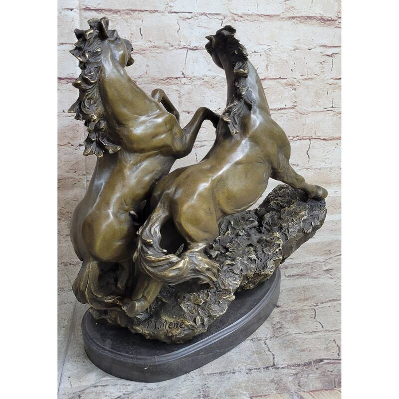 Pair Of Wild Stallion Mustang Imitative Horses Bronze Statue Sculpture Figure Mene 14 Inches X 12 Inches