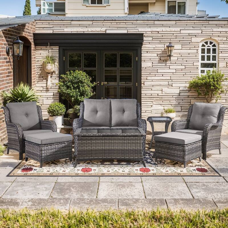 Outdoor Loveseat Sofa with Chair Ottoman Table - 7PCS - Sofa with Chair Table and Ottoman - Grey Rattan - Grey Cushion