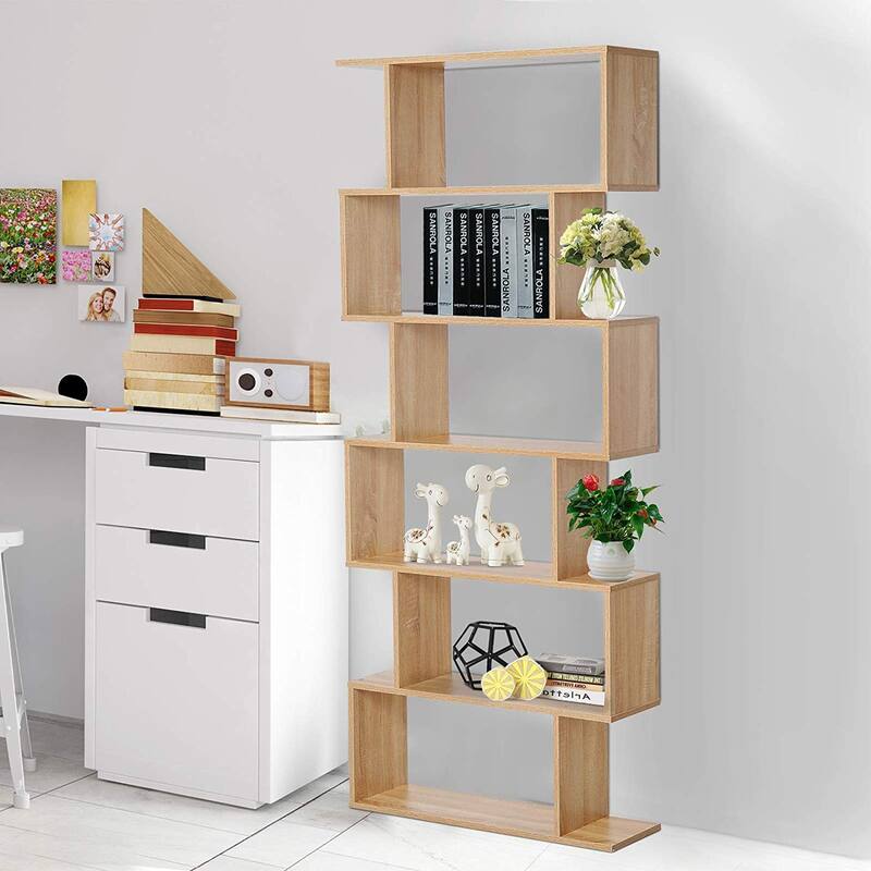 HOMCOM 75.5" H Bookcase 6 Shelf S-Shaped Bookshelf Wooden Storage Display Stand Shelf Organizer Free Standing Oak