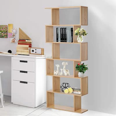 HOMCOM 75.5" H Bookcase 6 Shelf S-Shaped Bookshelf Wooden Storage Display Stand Shelf Organizer Free Standing Oak