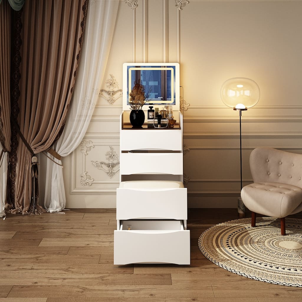 Dresser Chest Multi-Functional Vanity w/LED Mirror and Storage Stool