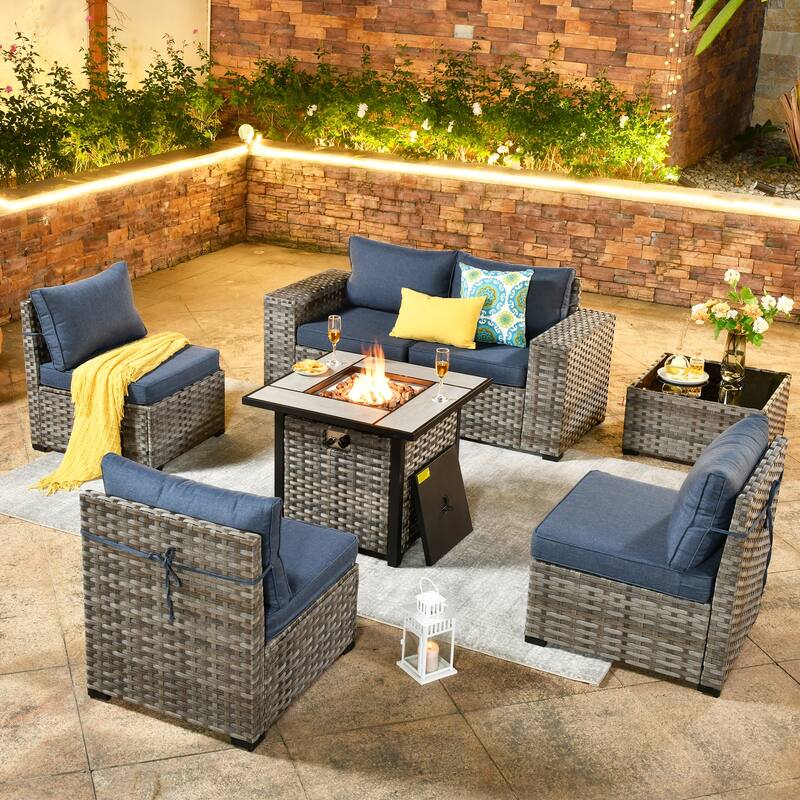 OVIOS Patio Wicker Furniture Wide Arm 7-piece Fire Pit Set with Table - Denim Blue