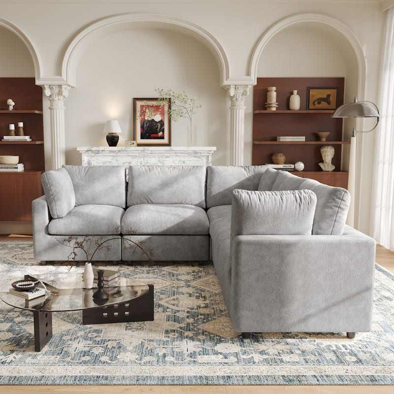 5 Seat L-Shaped Sectional Sofa chenille Fabric Upholstered Couch with Removable Cushions Modern Living Room Furniture