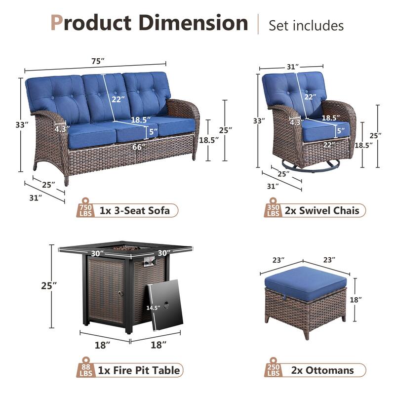 Pocassy Outdoor 30 In Fire Table with Sofa Patio Swivel Chair Set