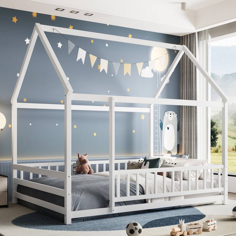 Full Size Floor Wooden Bed with House Roof Frame, Fence Guardrails,White