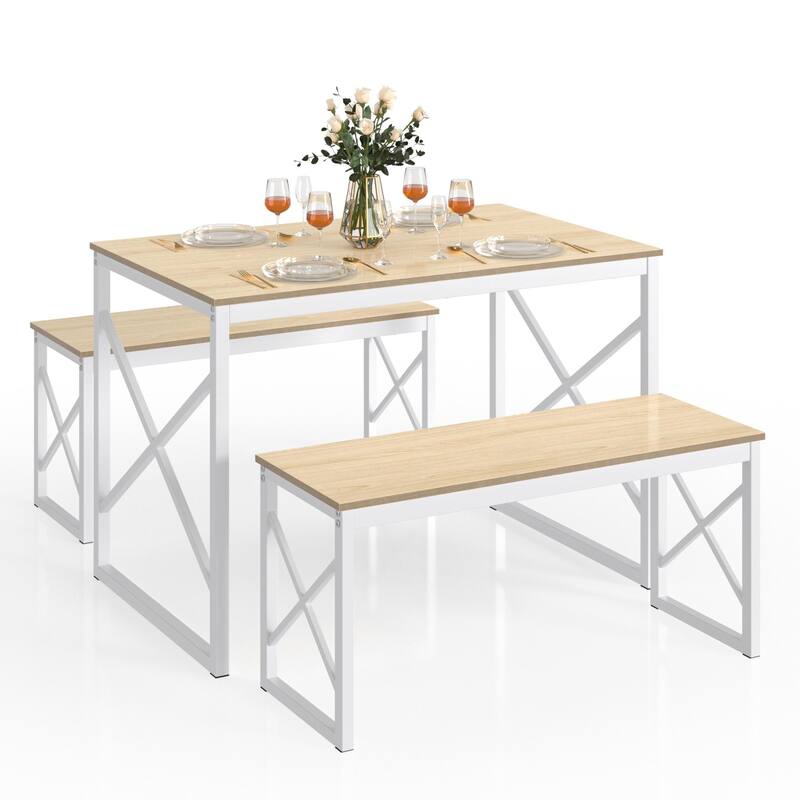 44.3" Dining Table with Benches Kitchen Table set for 4 Rectangular Dining Room Table Set with 2 Metal Wood Benches