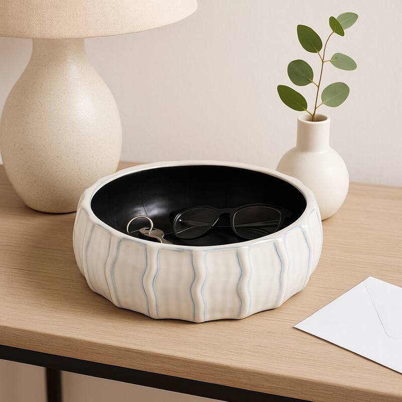 Coastal Ceramic Sea Urchin Decorative Bowl - 11", White & Blue - 11.0" - White/ Blue - 11.0"