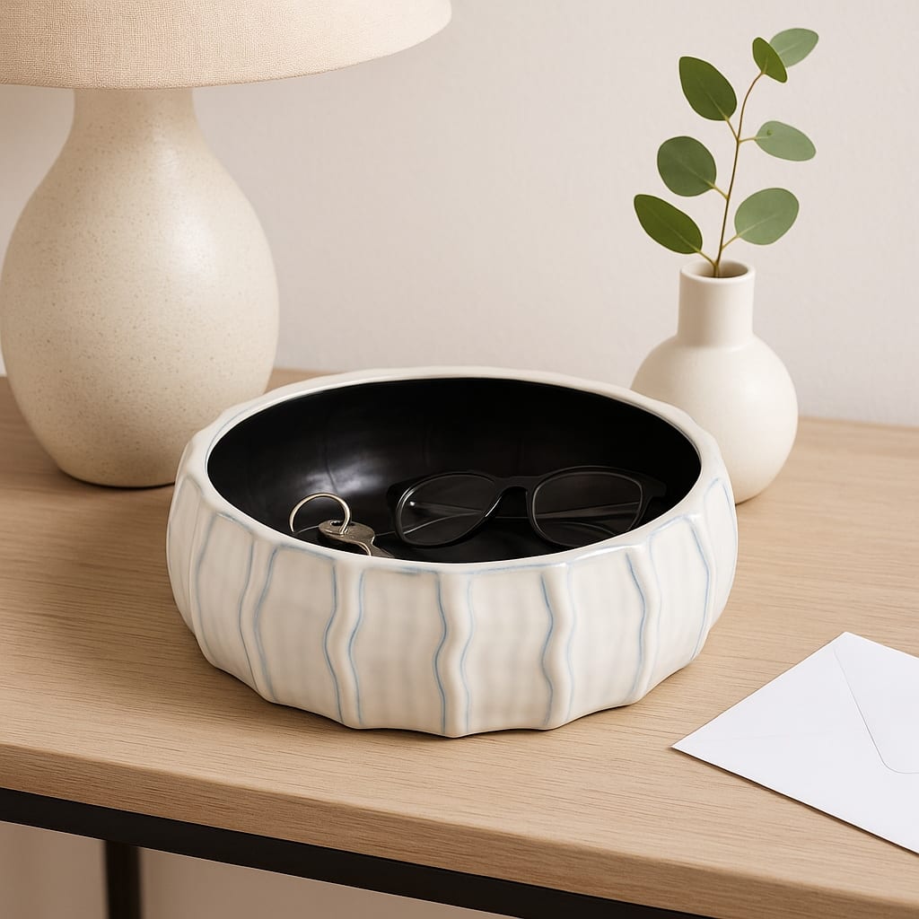 Coastal Ceramic Sea Urchin Decorative Bowl - 11", White & Blue - 11.0"