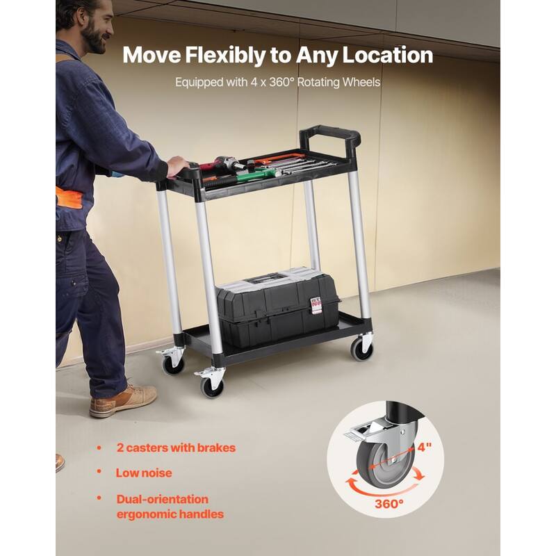 2-Tier Heavy Duty Utility Cart with Lockable Wheels for Easy Mobility - 31.5 x 16.1 x 37.2 in