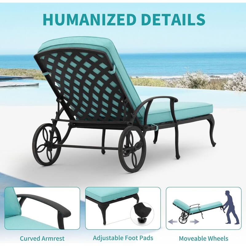 Aluminum Reclining Outdoor Chaise Lounge with Wheels and Cushions(set of 2)