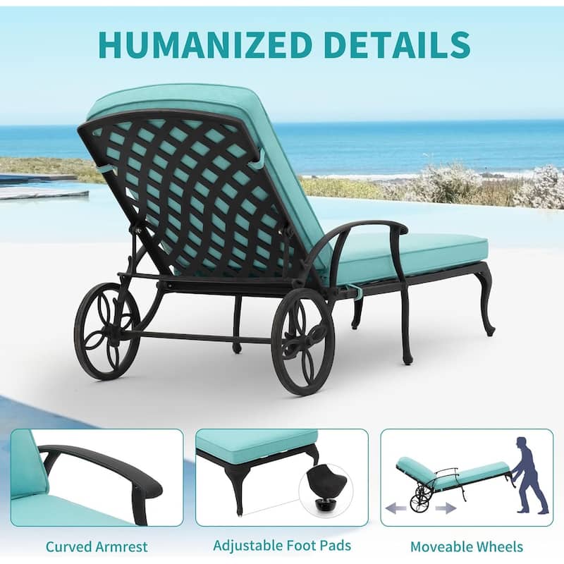 Aluminum Reclining Outdoor Chaise Lounge with Wheels and Cushions (Set Of 2)