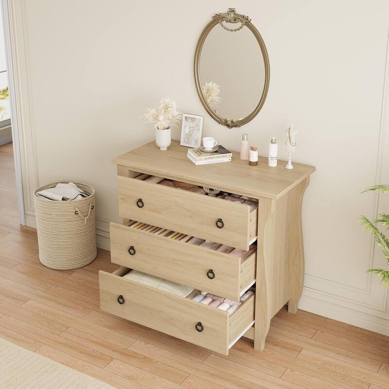 3-Drawer Dresser, Curved Legs, Rattan Trim, Freestanding Storage, White