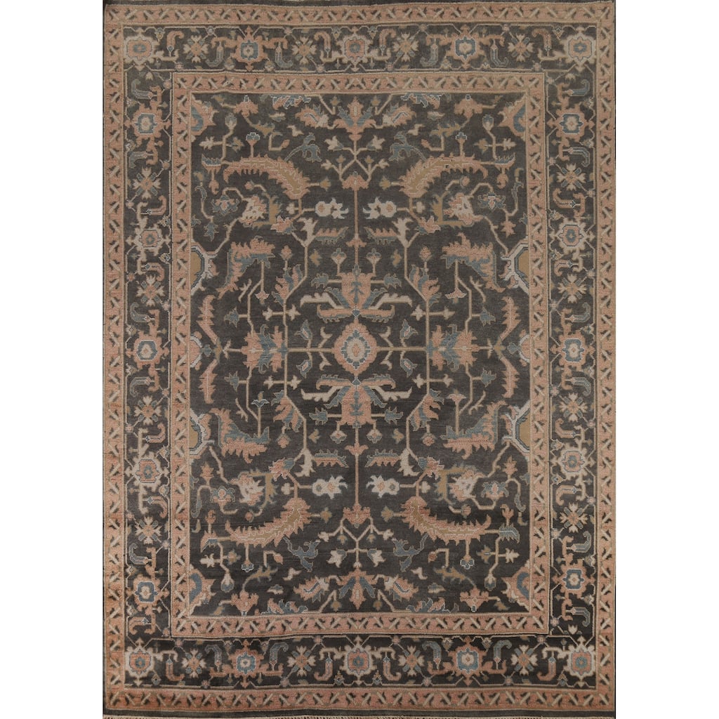 All-Over Floral Oushak Indian Area Rug Hand-Knotted Wool Carpet - 9'1" x 11'8"