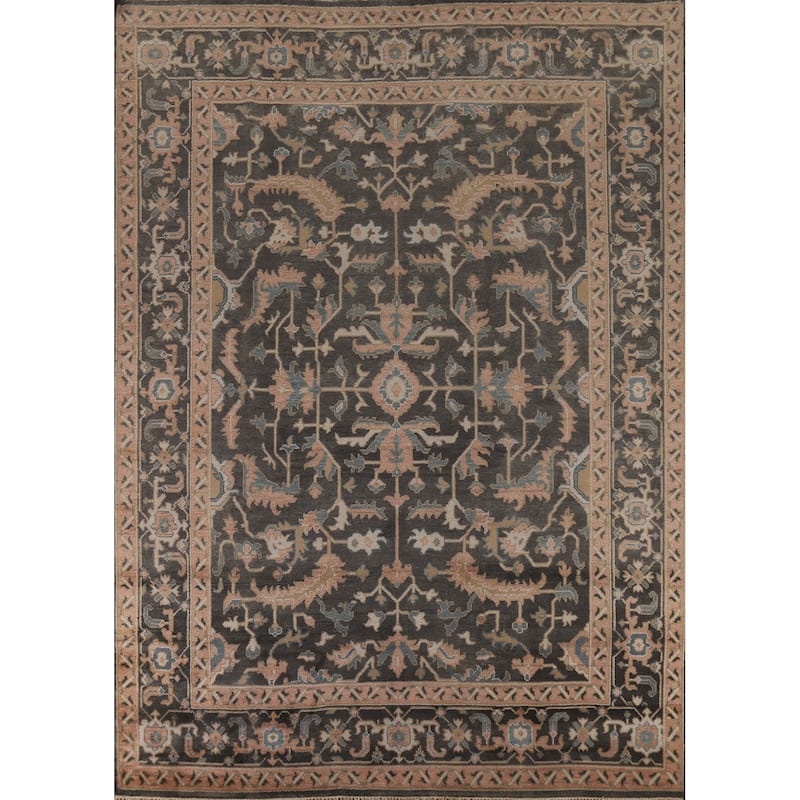 All-Over Floral Oushak Indian Area Rug Hand-Knotted Wool Carpet - 9'1" x 11'8"