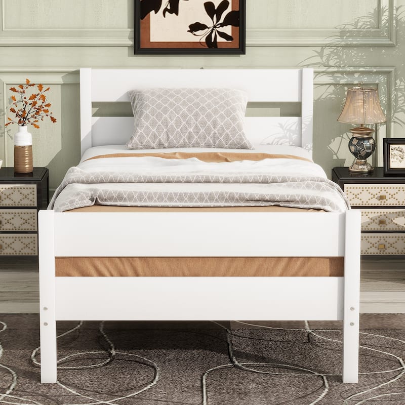 Twin Bed with Headboard and Footboard,Rubber Wood Bed,White