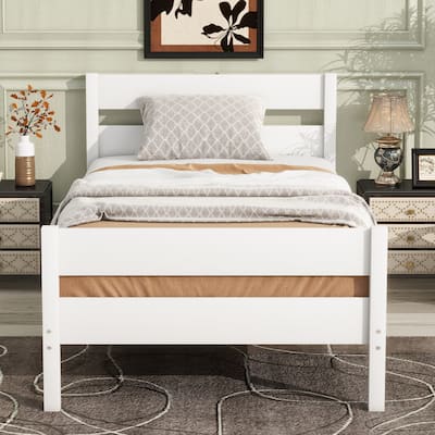Twin Size Rubberwood Bed with Headboard and Footboard, Solid Wood Storage Platform Bed Frame, Wooden Slats Support