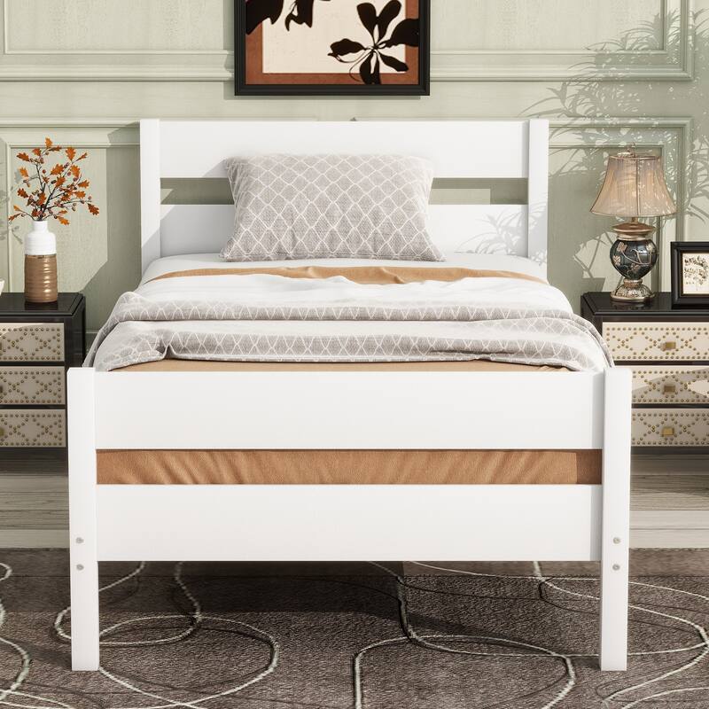 White Twin Size Rubber Wood Bed with Headboard and Footboard, Underbed Storage