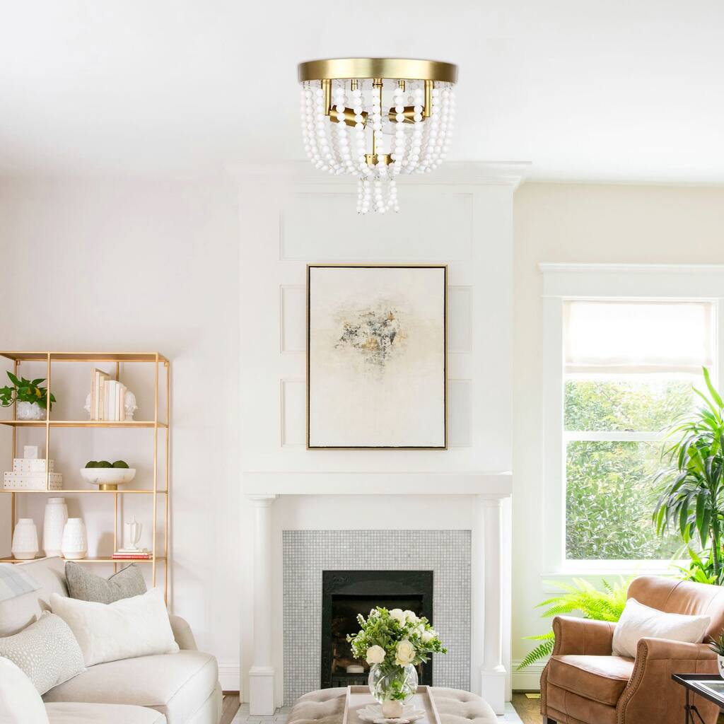 Rustic Ceiling Light Fixture, Contemporary Beaded Flush Mount Ceiling Light, Antique Brass Hand Crafted Paint Finish