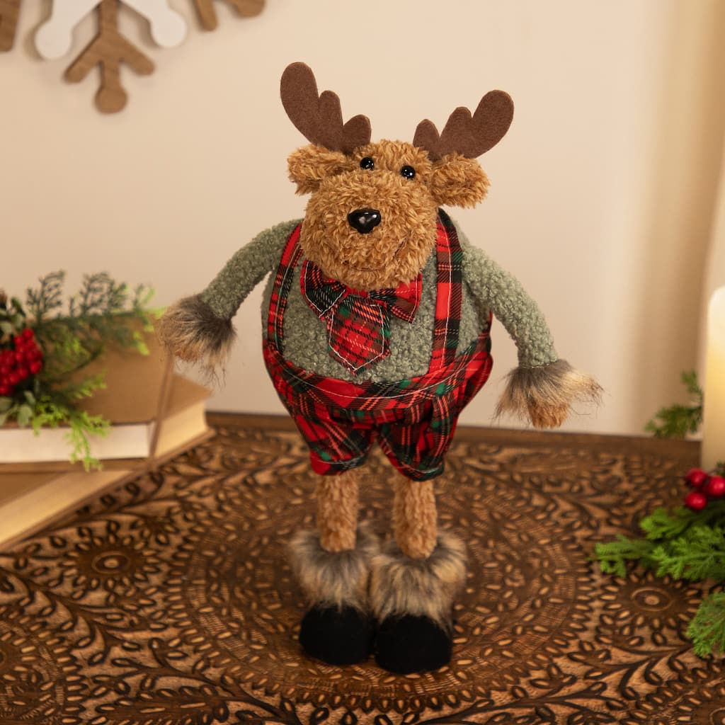 Standing Moose in Plaid Overall Shorts Christmas Figure - 12.5" - Brown and Red