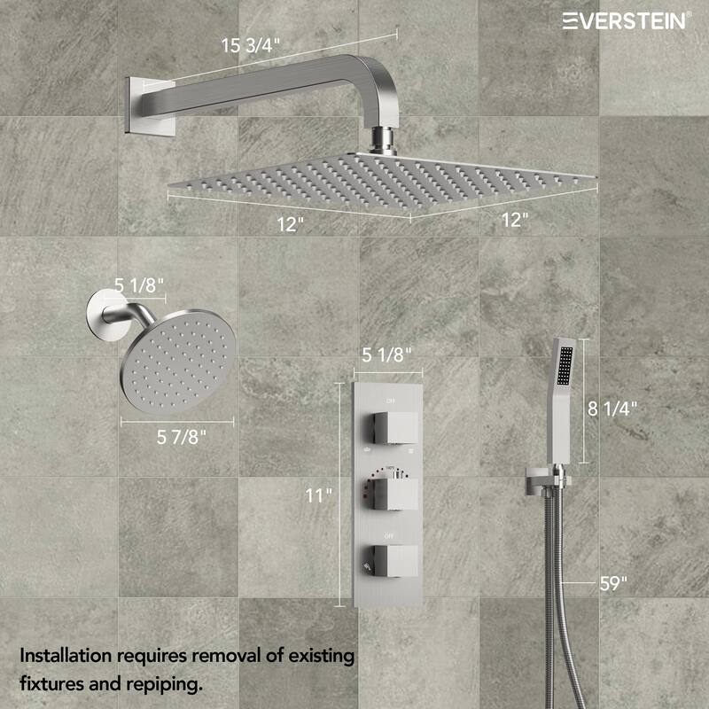 Thermostatic Shower System 12" Dual Heads Shower Faucet with High Pressure Handheld Spray