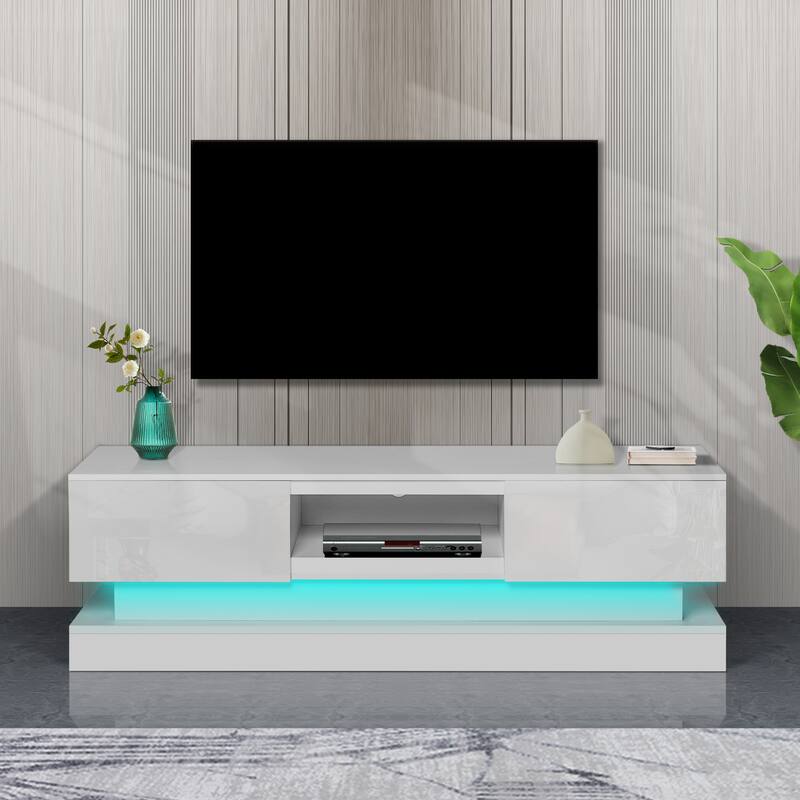 16-Color LED Lights TV Stand for TV up to 55"/65", Modern Entertainment Center with 2 Drawers - 63 inch - White