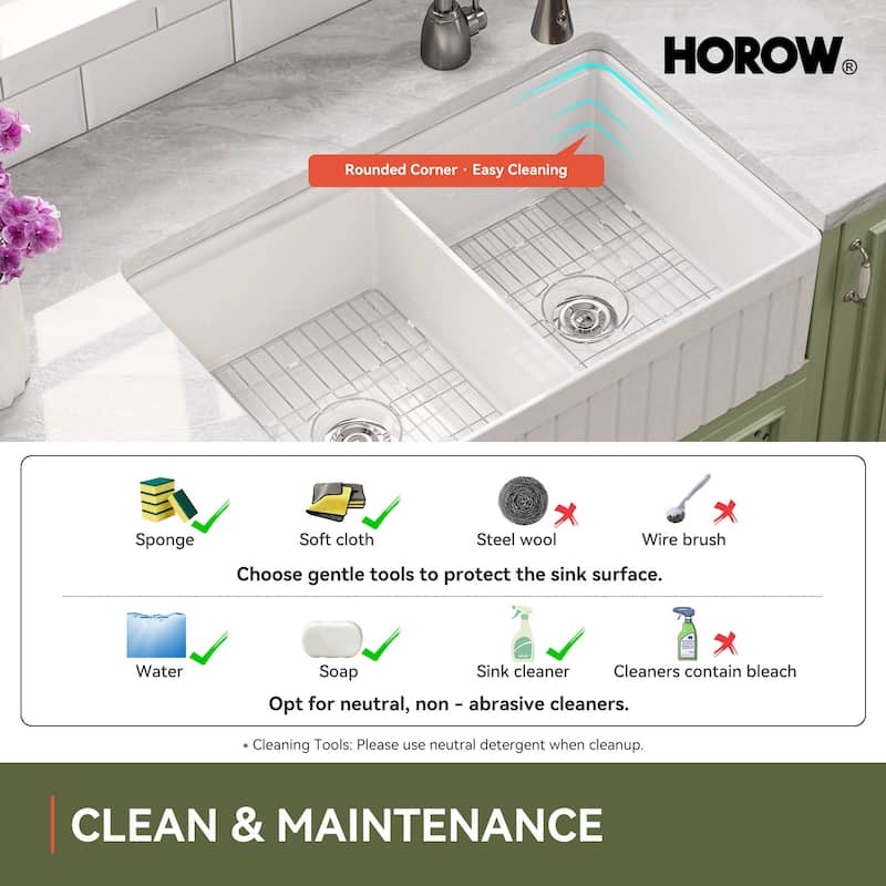 HOROW 33 in. Farmhouse/Apron-Front 50/50 Double Bowl White Fireclay Kitchen Sink with Workstation,Cutting Board,Grid, Strainer