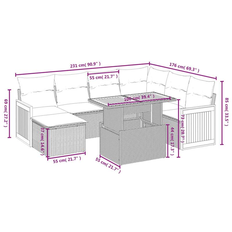 vidaXL Patio Sofa Set with Cushions Outdoor Furniture 8 Piece Poly Rattan - 21.7 x 24.4 x 27.2