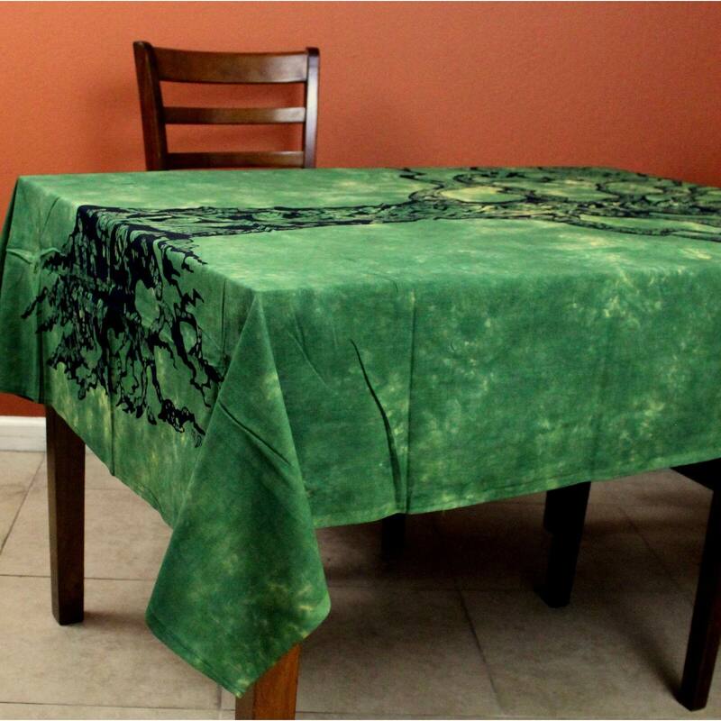 Cotton Celtic Tree of life Tablecloth Rectangle with Fringes - 60 x 90 in - Green Gold