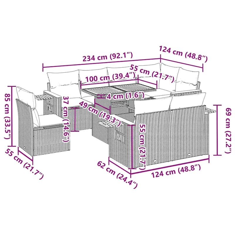 vidaXL Patio Sofa Set with Cushions Outdoor Furniture 9 Piece Poly Rattan
