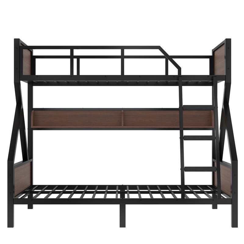 Twin over Full Bunk Bed, Metal Bunk Bed with Storage Shelves and Lights, Space-saving & Noise-free Design, Black