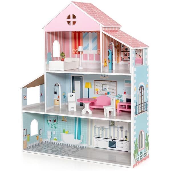 slide 2 of 7, 3-Tier Toddler Doll House with Furniture Gift for Age 3+ - 28.34" x 9.25" x 34.25" (L x W x H)