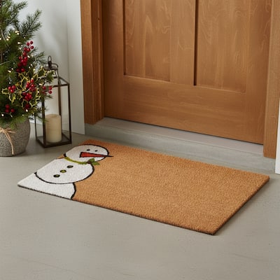 HomeRoots 17" X 29" Brown White And Red Christmas Snowman Outdoor Coir Door Mat - 17.00' X '29.00