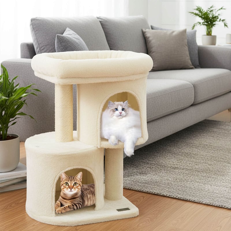Costway 26” Small Cat Tree with Large Padded Plush Perch, 2 Condos, - See Details