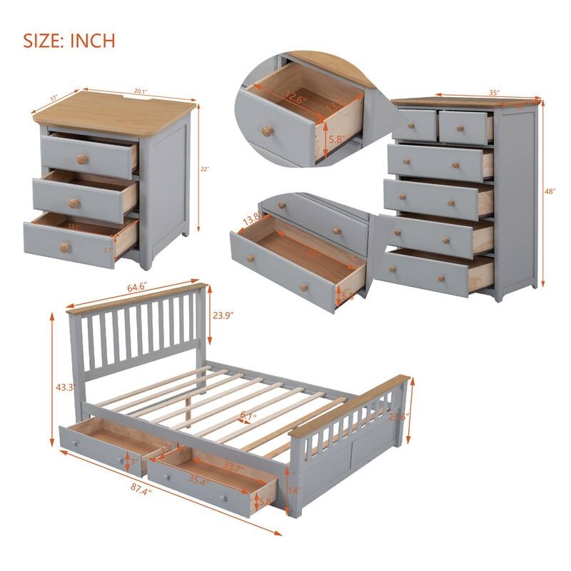 3-Pieces/1-Piece Bedroom Sets Full/Queen Size Platform Bed with Nightstand(USB Charging Ports) and 6-Drawer Storage Chest