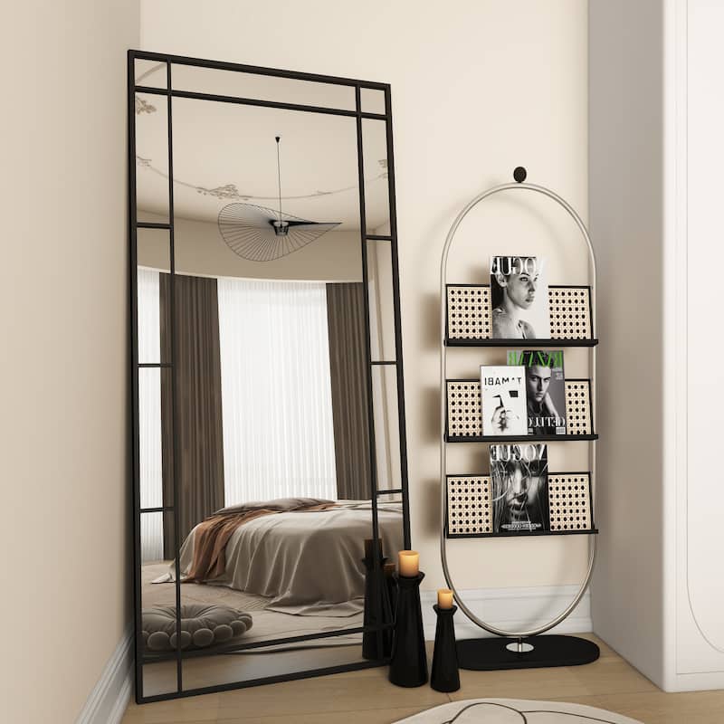 Metal Rectangle Full Length Mirror Pane Grid Floor Mirror