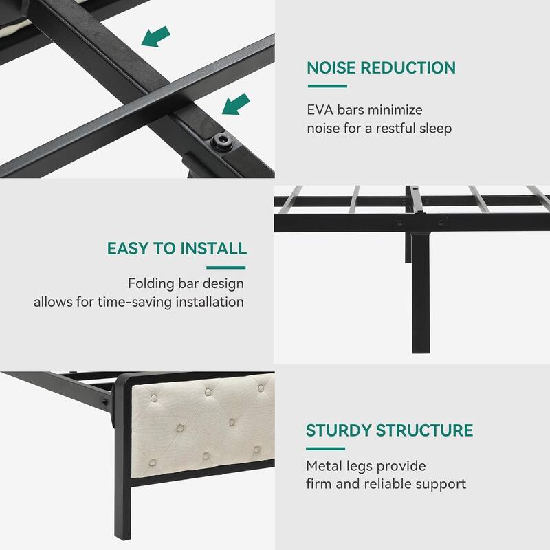 Queen/King Size Platform Bed Frame with Charging Station, Upholstered Storage Headboard & Metal Slats