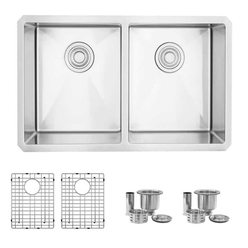 28"L x 18"W Stainless Steel Double Basin Undermount Kitchen Sink with Grids and Strainers
