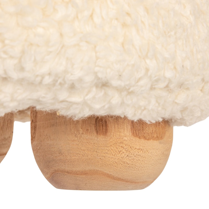 Round Cotton Sherpa Pouf with Pine Wood Feet